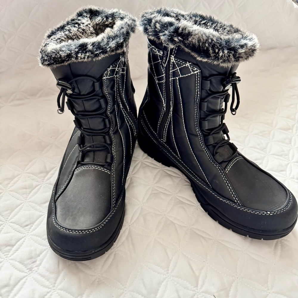 Sporto Black Winter Zip-Up/Toggle Boots with Gray Faux Fur Trim Size 8 - Picture 1 of 13